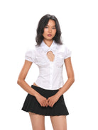 SweetChilling Cutout Puff Sleeve Cotton Blend Shirt in White - On Female Model