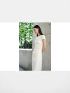 TEASEL Ruched Cotton Blend Knit Dress in Cream - On Female Model