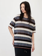 Random Piece Semi Sheer Striped Knit Top in Blue - On Female Model