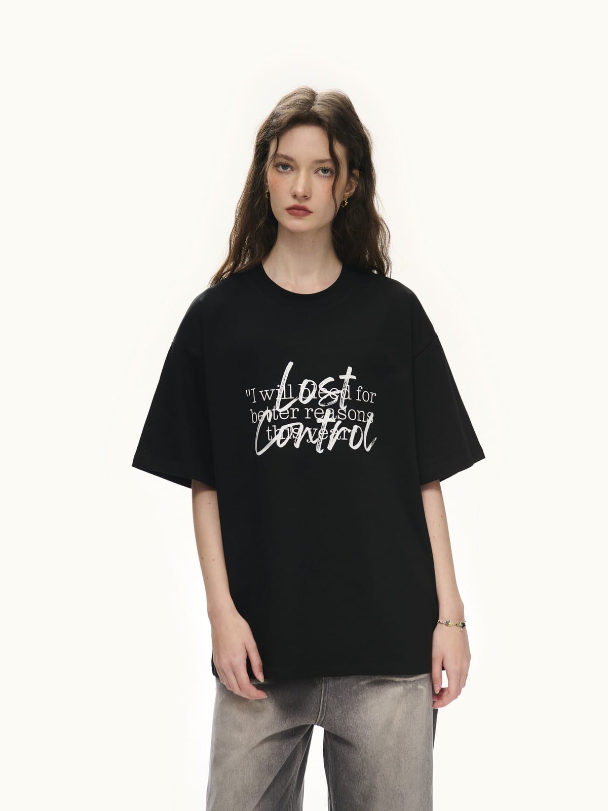 LOSTCTRL Typography Graphic Cotton Blend T Shirt in Black - On Female Model