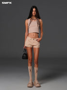 SMFK Vintage Cotton Cargo Mini Shorts in Beige - On Female Model