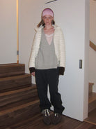 RARELY ALIKE Detachable Hood Duck Down Puffer in White - On Female Model