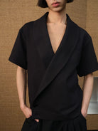 JCAESAR STUDIO Jacquard Shawl Collar Short Sleeve Shirt in Black - On Male Model