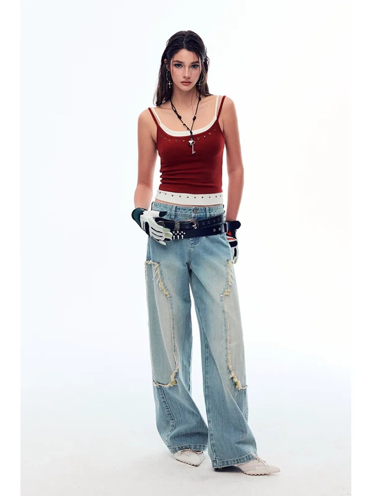BeerBro Rhinestone Leopard Trim Camisole in Burgundy - On Female Model