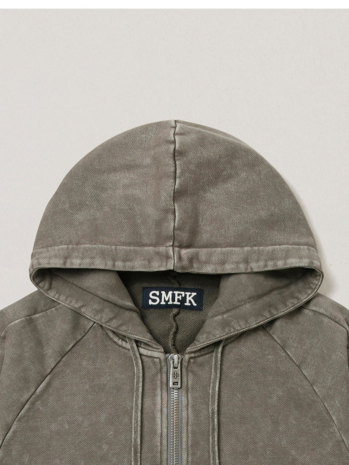 SMFK Garment Dyed Cotton Zip Up Hoodie in Gray - Detail