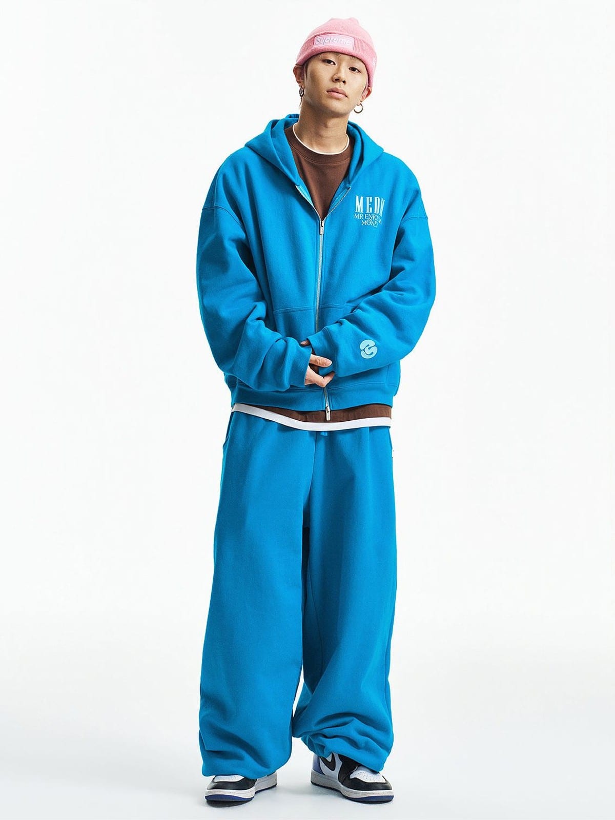 MEDM 3D Logo Two Way Zip Cotton Hoodie in Blue - On Male Model