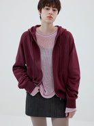 SIMPLE PROJECT Cotton Blend Zip Up Hoodie in Burgundy - On Female Model