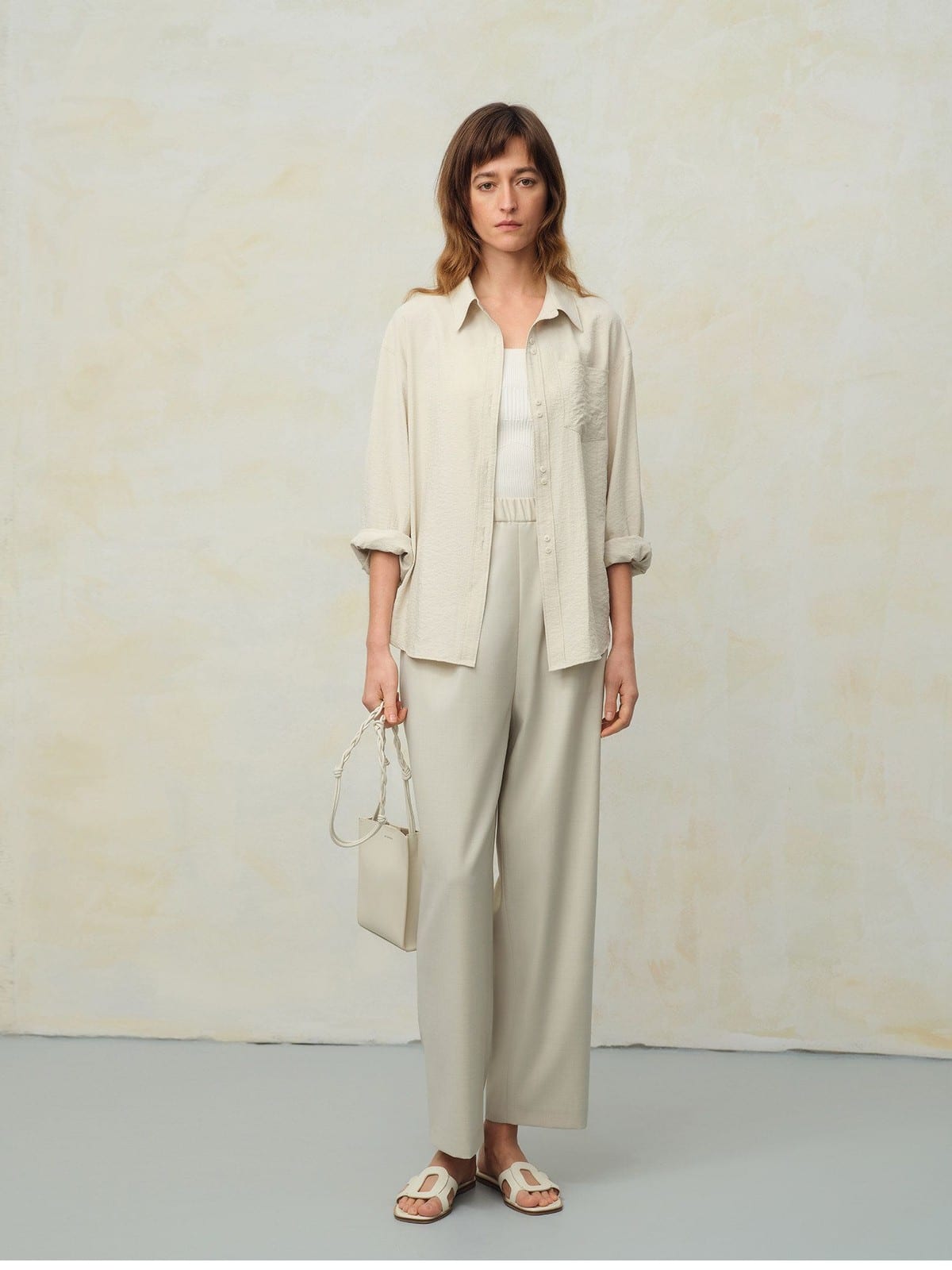 TEASEL Crinkled Silk Blend Short Sleeve Top in Beige - On Female Model