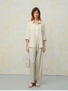 TEASEL Crinkled Silk Blend Short Sleeve Top in Beige - On Female Model