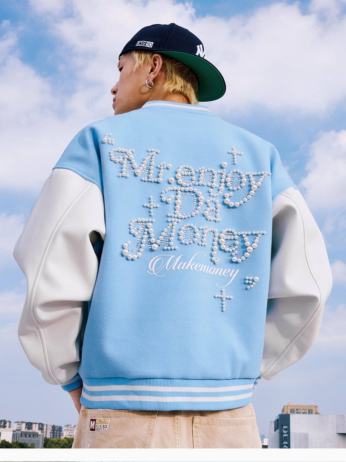 MEDM Pearl Embellished Varsity Jacket in Sky Blue - On Model