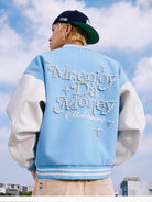 MEDM Pearl Embellished Varsity Jacket in Sky Blue - On Model