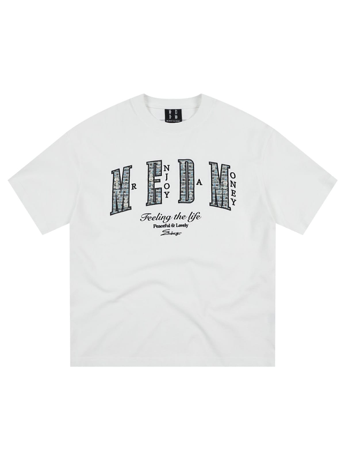 MEDM Pearl Embellished Letter Cotton T Shirt in White