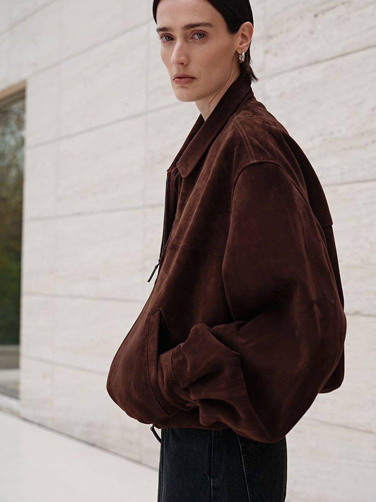 MSBEAST Broad Shoulder Sheepskin Jacket in Brown - On Female Model