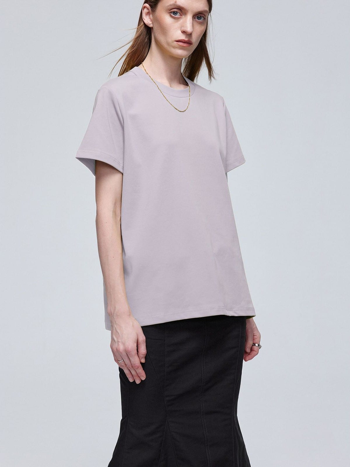 SIMPLE PROJECT Misaligned Seam Crewneck T Shirt in Lavender - On Female Model