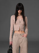 SMFK Ribbed Zip Up Cropped Cardigan in Beige - On Female Model