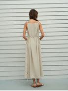 TEASEL Crinkled Silk Blend Shirt Pants Set in Beige - On Female Model