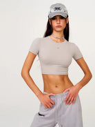 SMFK Distressed Cross Embroidered Baseball Cap in Gray - On Female Model