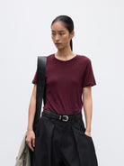 Random Piece Merino Wool U Neck Short Sleeve T Shirt in Wine - On Female Model