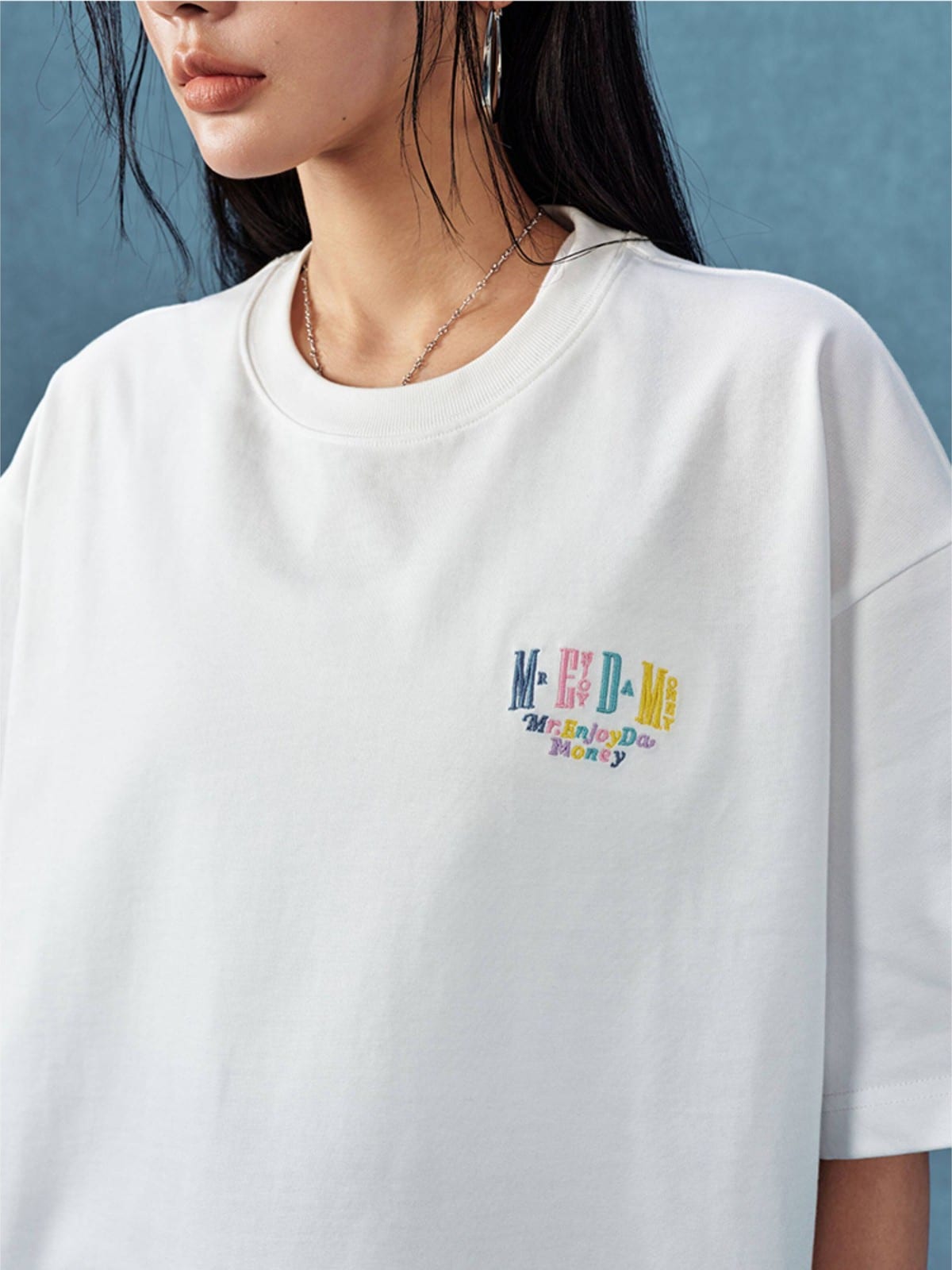 MEDM Letter Embroidery Cotton T Shirt in White - On Female Model