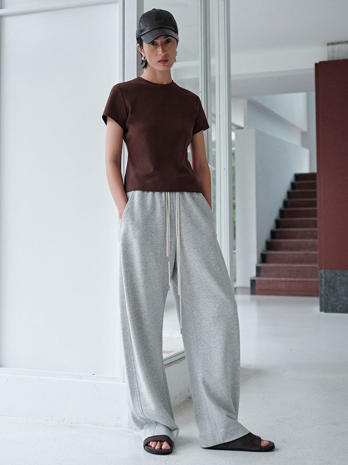 MSBEAST Cotton Blend Tapered Waist T Shirt in Brown - On Female Model
