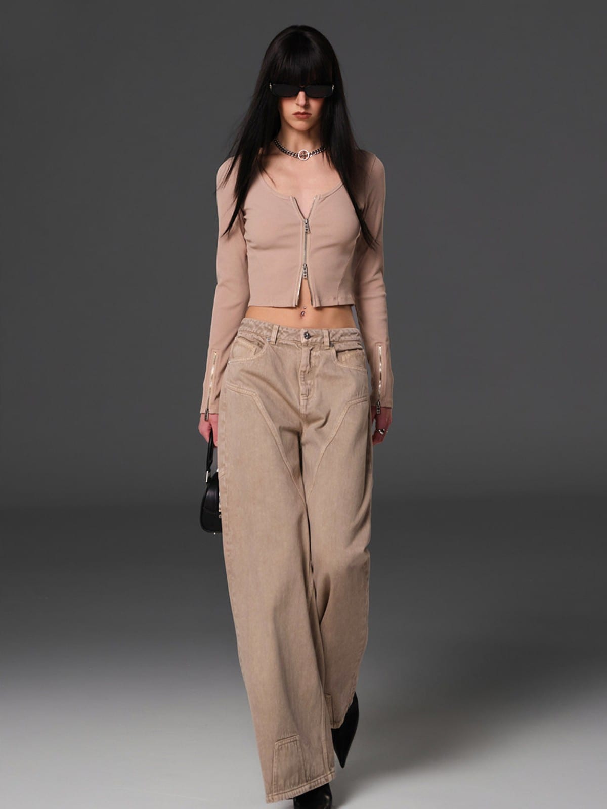 SMFK Ribbed Zip Up Cropped Cardigan in Beige - On Female Model