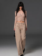 SMFK Ribbed Zip Up Cropped Cardigan in Beige - On Female Model