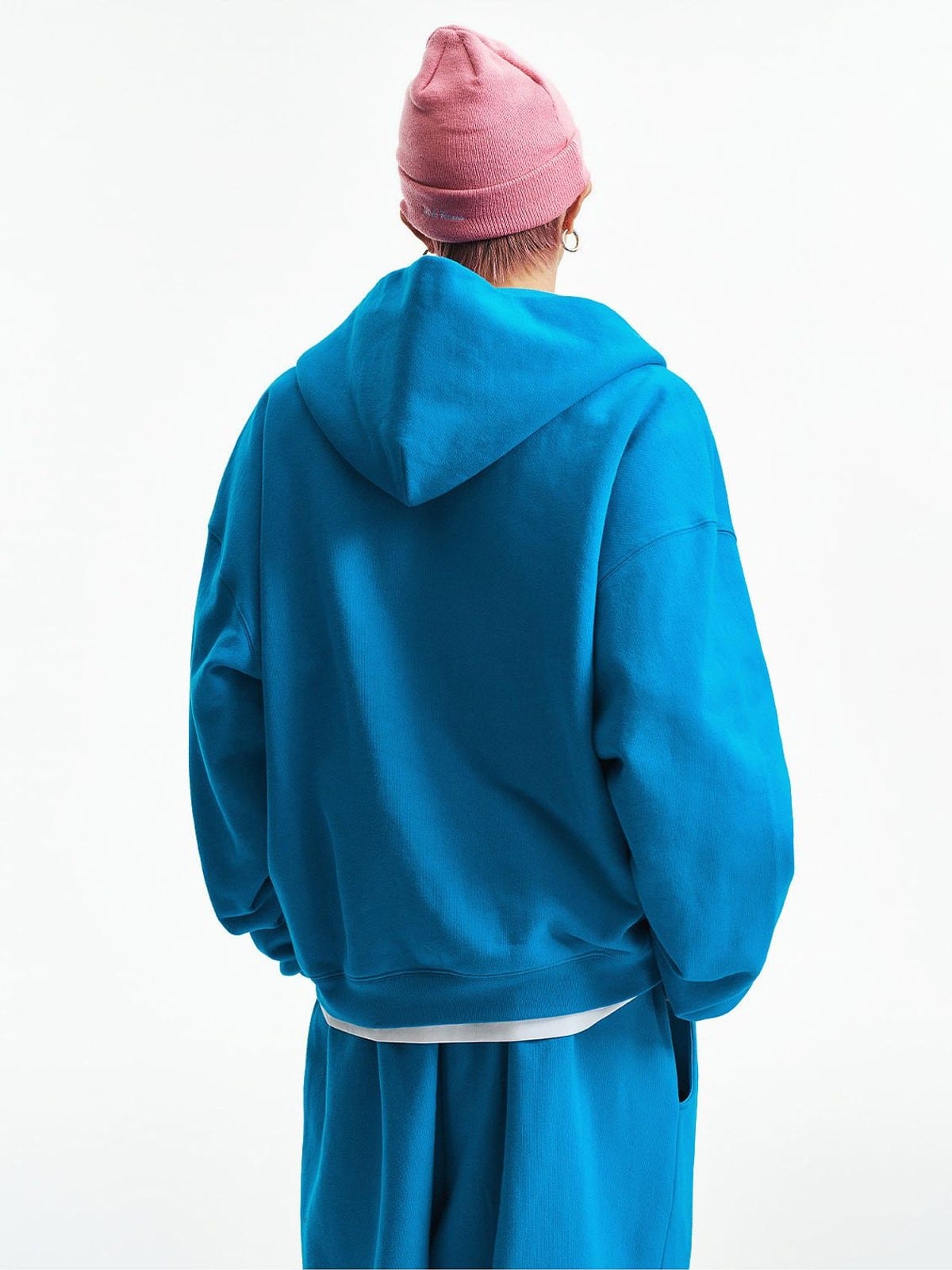 MEDM 3D Logo Two Way Zip Cotton Hoodie in Blue - On Model