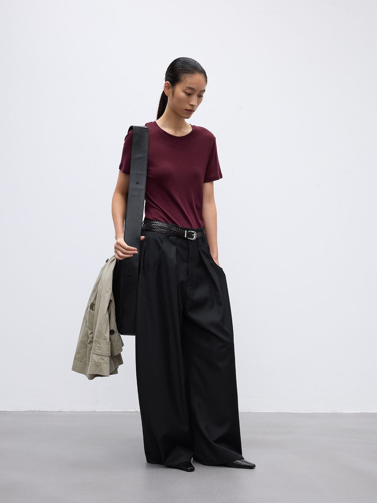 Random Piece Merino Wool U Neck Short Sleeve T Shirt in Wine - On Female Model