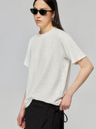 SIMPLE PROJECT Textured Diagonal Paneled T Shirt in White - On Female Model