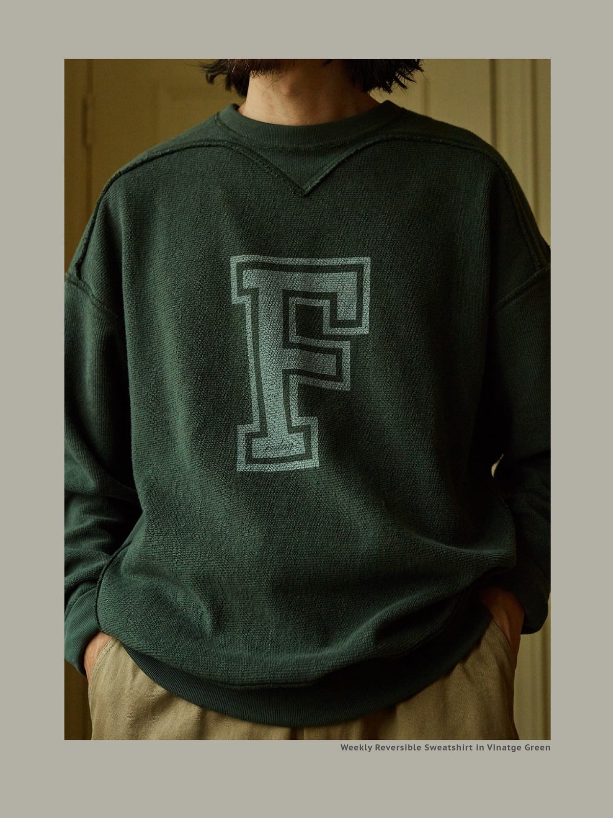 USAGE Reversible Cotton Crewneck Sweatshirt in Green - On Male Model