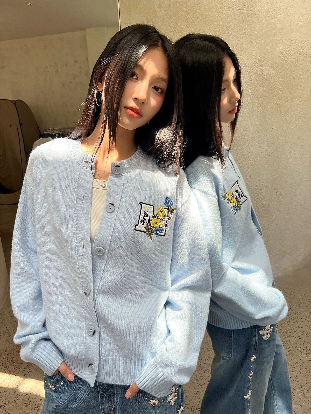 MEDM Floral Embroidered Knit Cardigan in Sky Blue - On Female Model