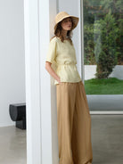 TEASEL Crinkled Silk Blend Shirt Pants Set in Beige - On Female Model
