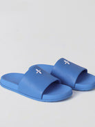 SMFK Leather Cross Detail Slide Sandals in Blue