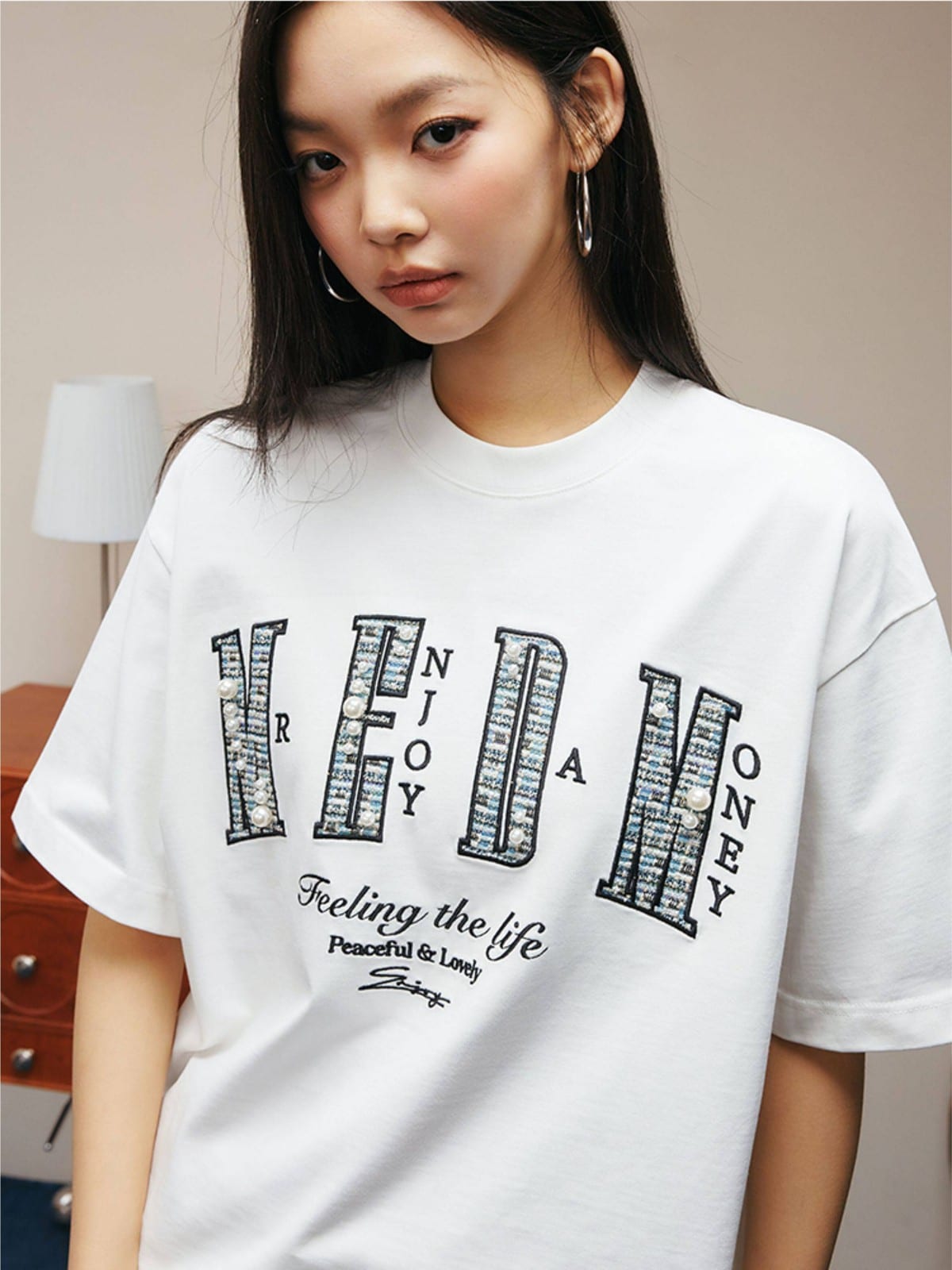 MEDM Pearl Embellished Letter Cotton T Shirt in White - On Female Model