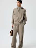 SIMPLE PROJECT Cotton Blend Zip Up Hoodie in Beige - On Male Model