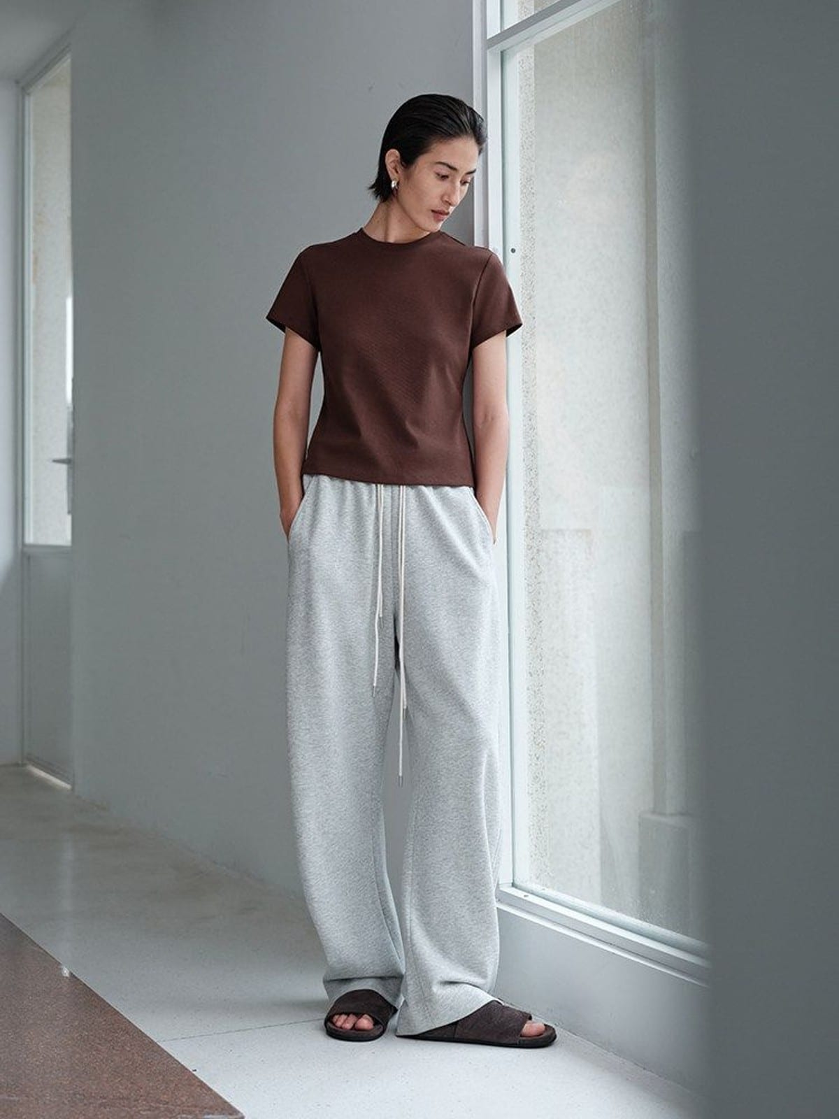 MSBEAST Cotton Blend Tapered Waist T Shirt in Brown - On Female Model
