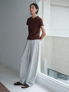 MSBEAST Cotton Blend Tapered Waist T Shirt in Brown - On Female Model