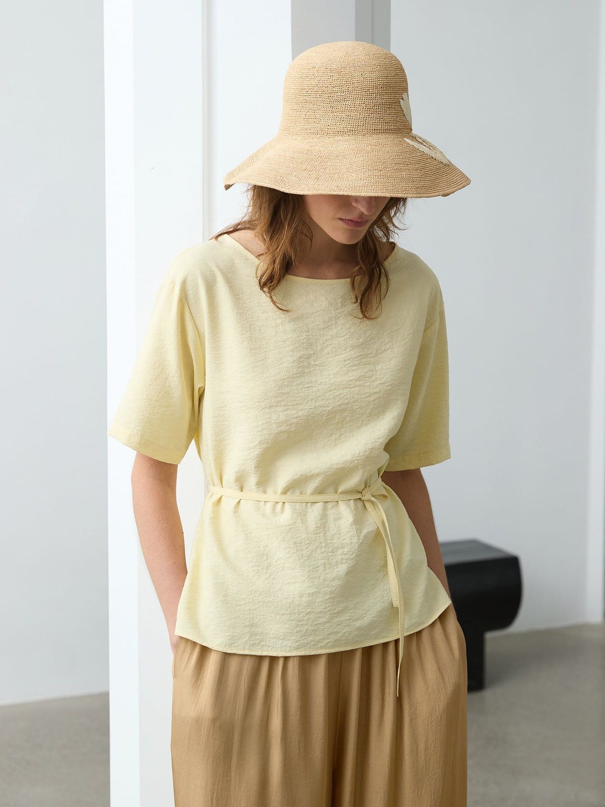 TEASEL Crinkled Silk Blend Shirt Pants Set in Beige - On Female Model