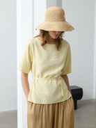 TEASEL Crinkled Silk Blend Shirt Pants Set in Beige - On Female Model