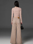 SMFK Ribbed Zip Up Cropped Cardigan in Beige - On Model