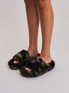 SMFK Cross Hardware Shearling High Heel Mules in Olive - On Female Model