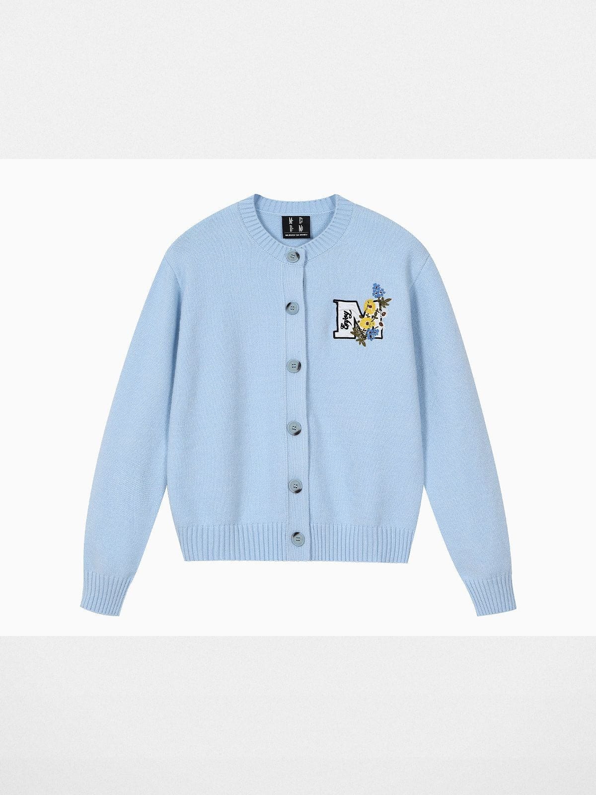 MEDM Floral Embroidered Knit Cardigan in Sky Blue