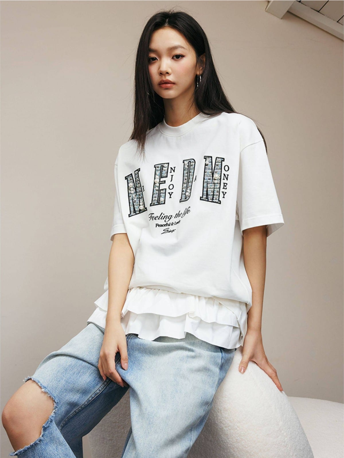 MEDM Pearl Embellished Letter Cotton T Shirt in White - On Female Model