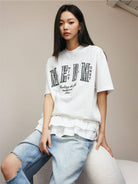 MEDM Pearl Embellished Letter Cotton T Shirt in White - On Female Model
