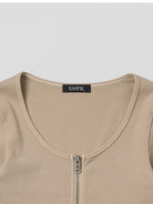 SMFK Ribbed Zip Up Cropped Cardigan in Beige - Detail