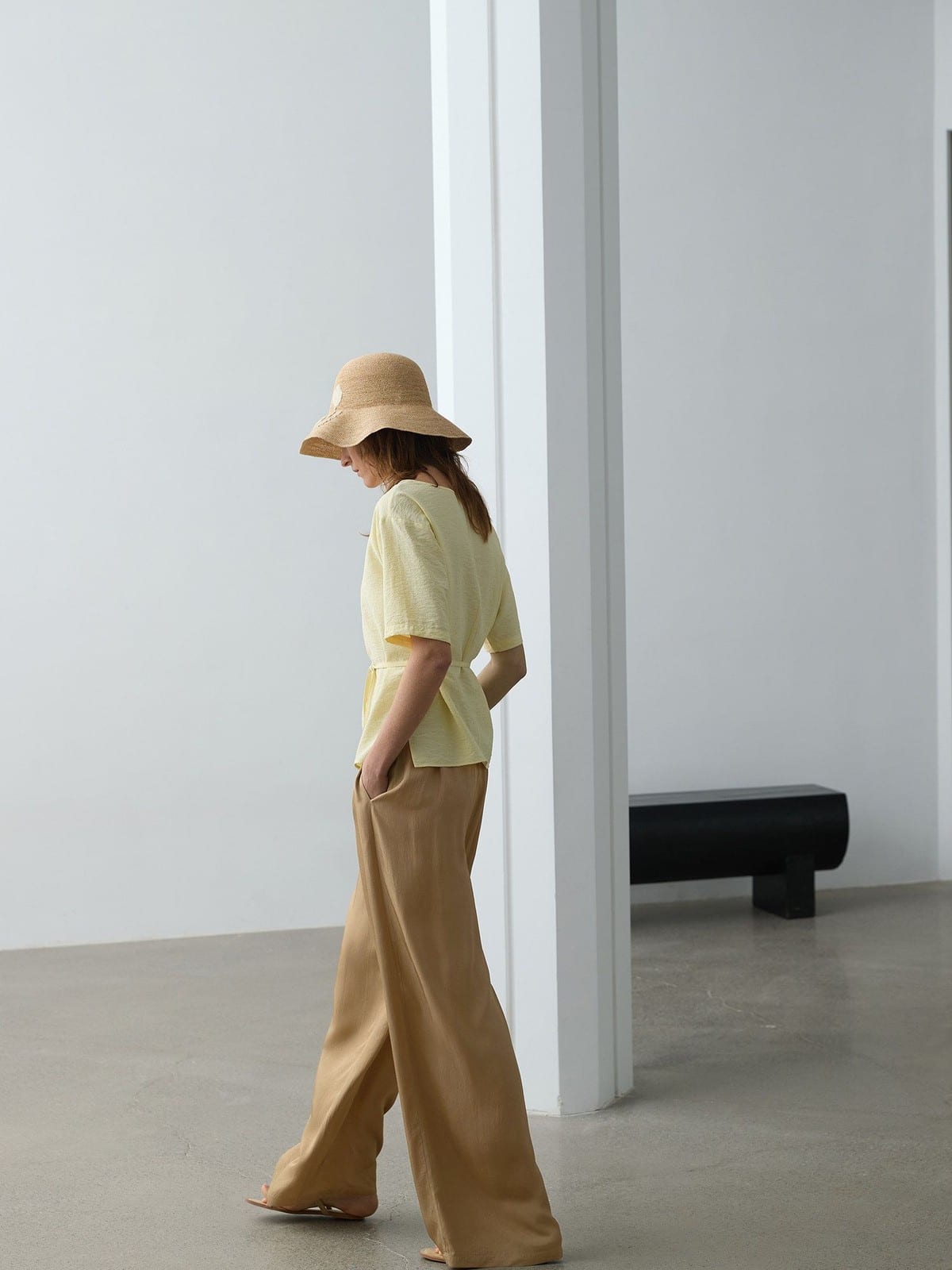 TEASEL Crinkled Silk Blend Shirt Pants Set in Beige - On Female Model