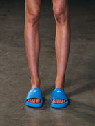 SMFK Leather Cross Detail Slide Sandals in Blue - On Model