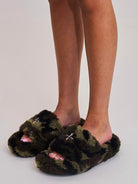 SMFK Cross Hardware Shearling High Heel Mules in Olive - On Female Model