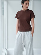 MSBEAST Cotton Blend Tapered Waist T Shirt in Brown - On Female Model