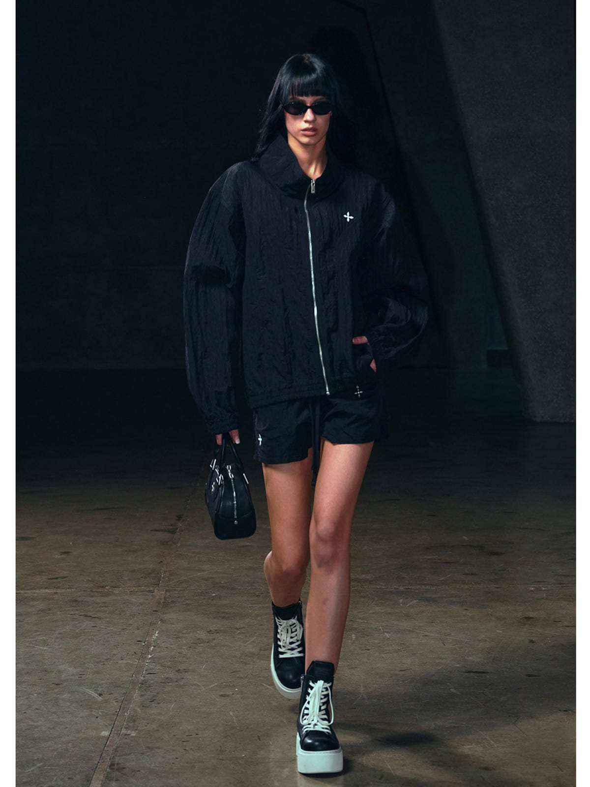 SMFK Lightweight Drawstring Track Shorts in Black - On Female Model